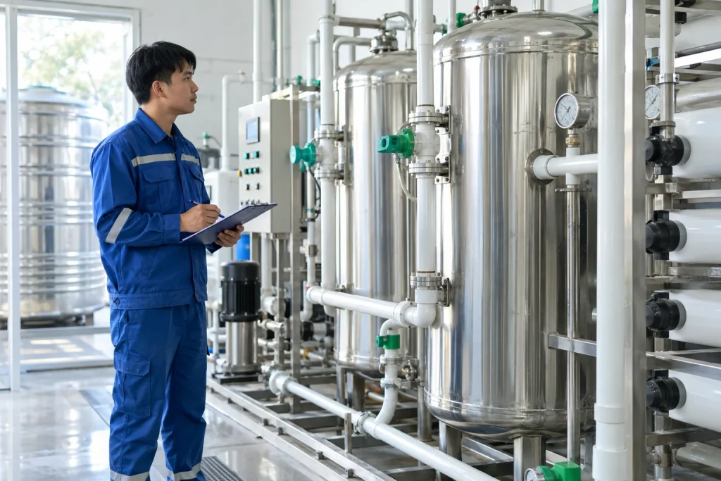 Kỹ thuật viên quan sát hệ thống xử lý nước bằng thiết bị inox sạch — ảnh AI minh họa