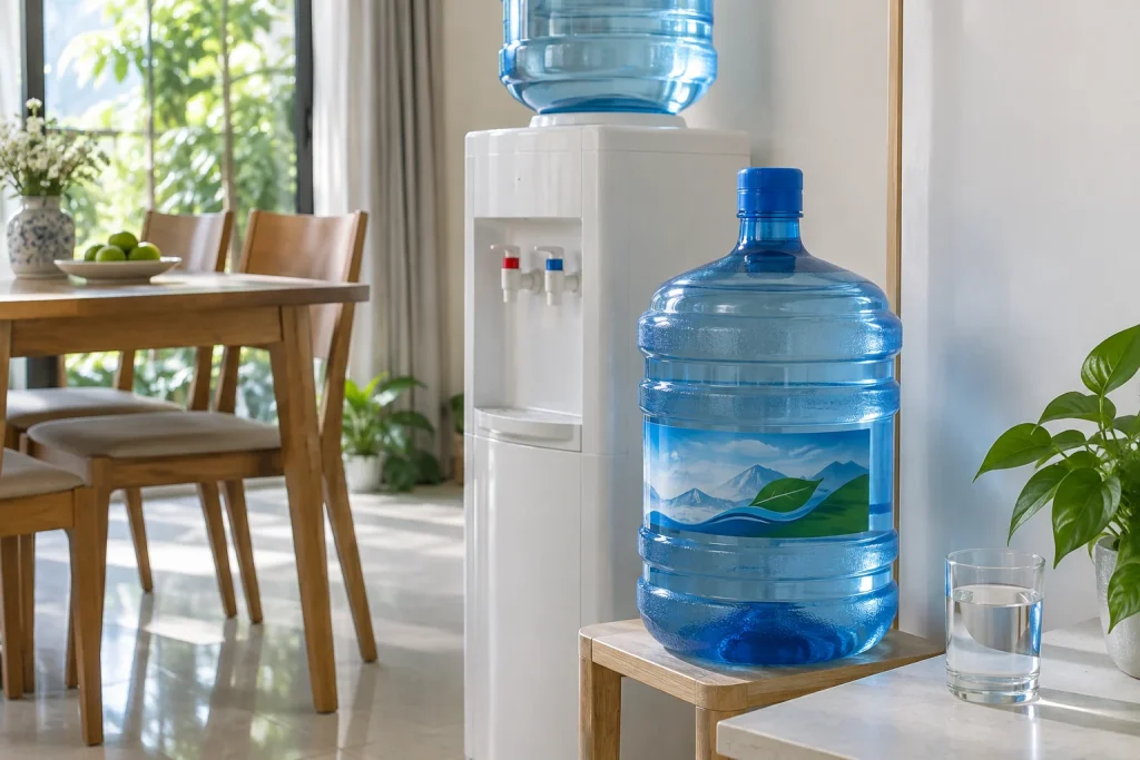 Bình nước lớn được niêm phong bên cây nước trong phòng ăn sáng, ảnh AI minh họa
