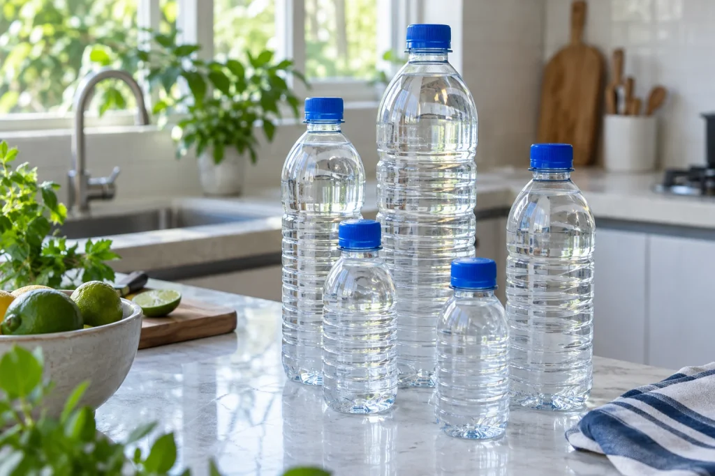 Các chai nước uống trong suốt nguyên nắp trên bàn bếp sáng — ảnh AI minh họa