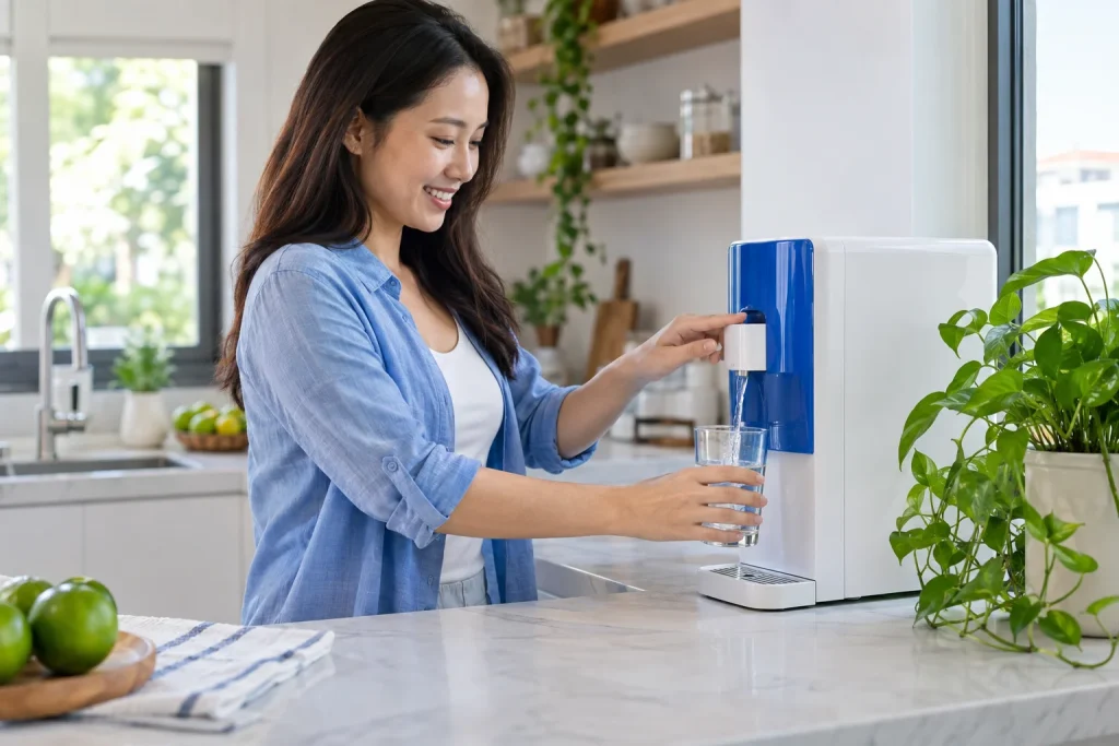 Người dùng lấy nước vào ly từ thiết bị cấp nước uống riêng trong bếp sáng — ảnh AI minh họa
