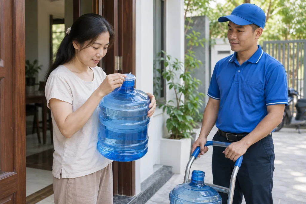 Người nhận kiểm tra niêm phong bình nước khi bàn giao với nhân viên — ảnh AI minh họa
