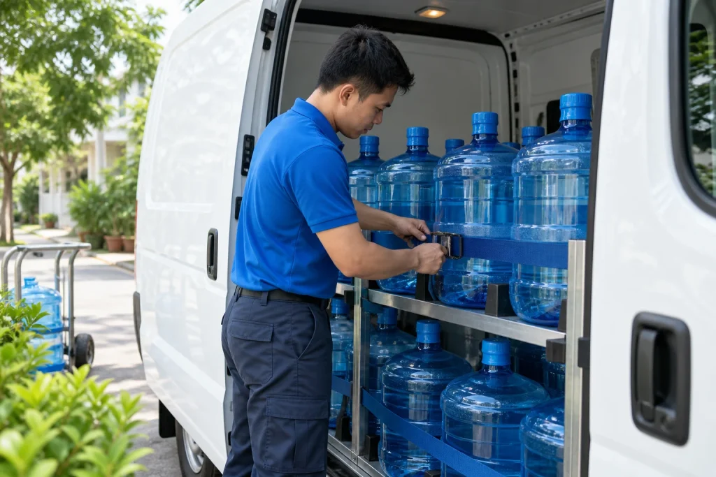 Nhân viên cố định bình nước trong xe trước khi xuất giao — ảnh AI minh họa