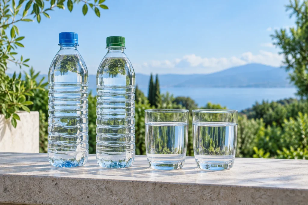 Hai chai nước không nhãn nắp xanh dương và xanh lá cạnh hai ly trên mặt đá — ảnh AI minh họa