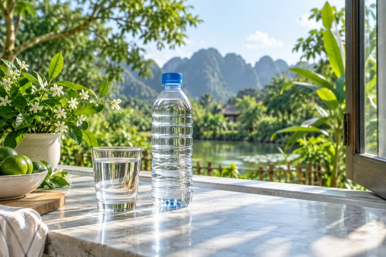 Chai nước không nhãn cạnh ly trong không gian cửa sổ mở ra cây xanh — ảnh AI minh họa