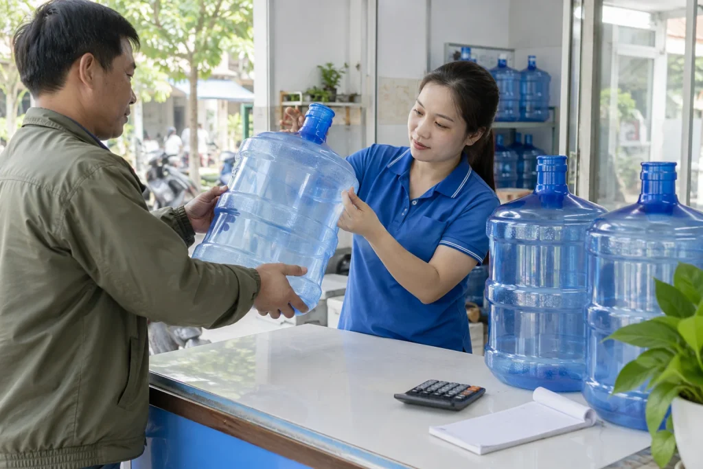 Khách trả vỏ bình cho nhân viên kiểm tra tại đại lý nước, ảnh AI minh họa