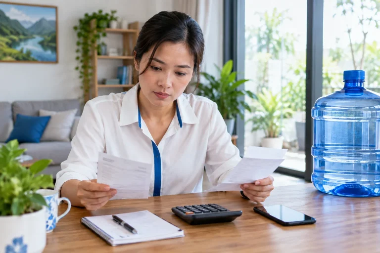 Khách hàng đối chiếu hai bản thông tin chi phí tại bàn làm việc cạnh bình nước — ảnh AI minh họa