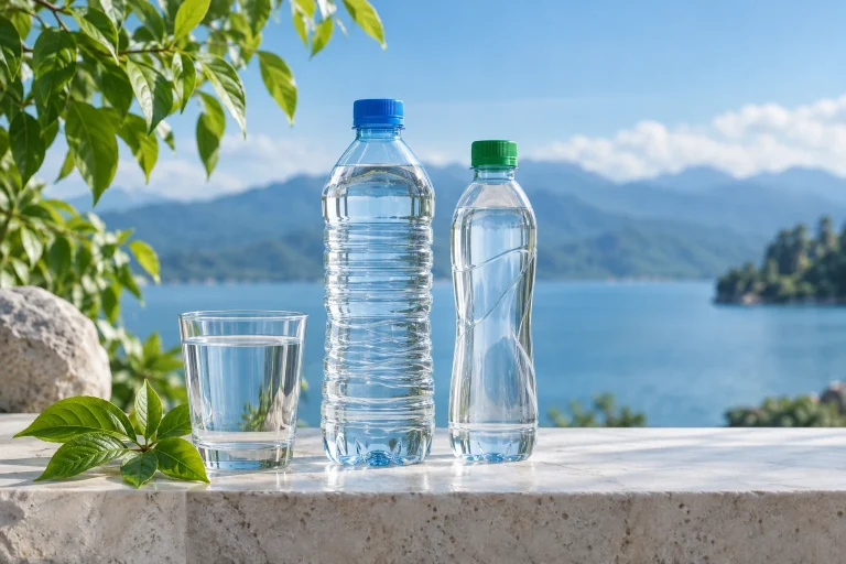 Hai chai nước không thương hiệu cạnh ly trên mặt đá với cây xanh phía sau — ảnh AI minh họa